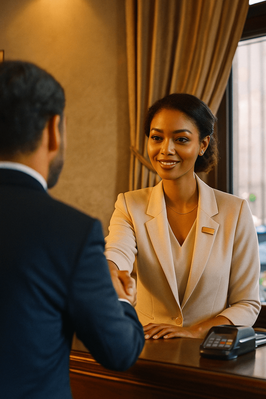 Réceptionniste accueillant un client